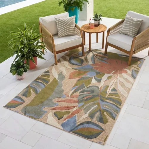 Floral Palm 5 x 7 ft Loomed Polypropylene Multiple Colors Rectangular Outdoor Area rug allen roth with STAINMASTER 2
