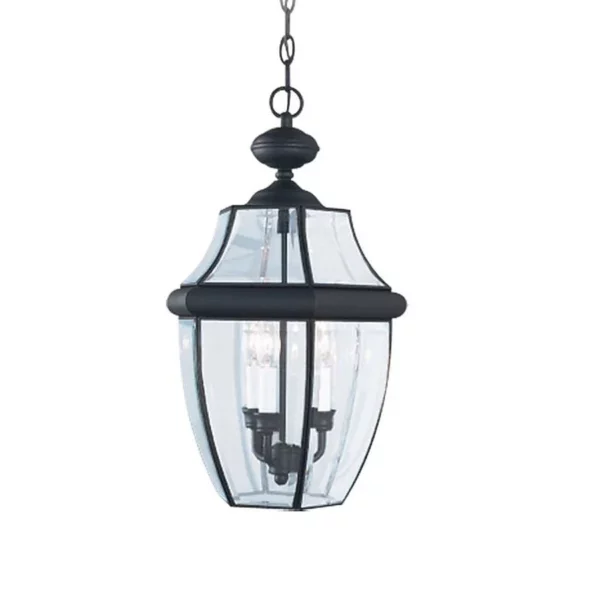 Generation Lighting Lancaster 3-Light Transitional Outdoor Hanging Pendant Light in Black with Opal Glass Cylinder