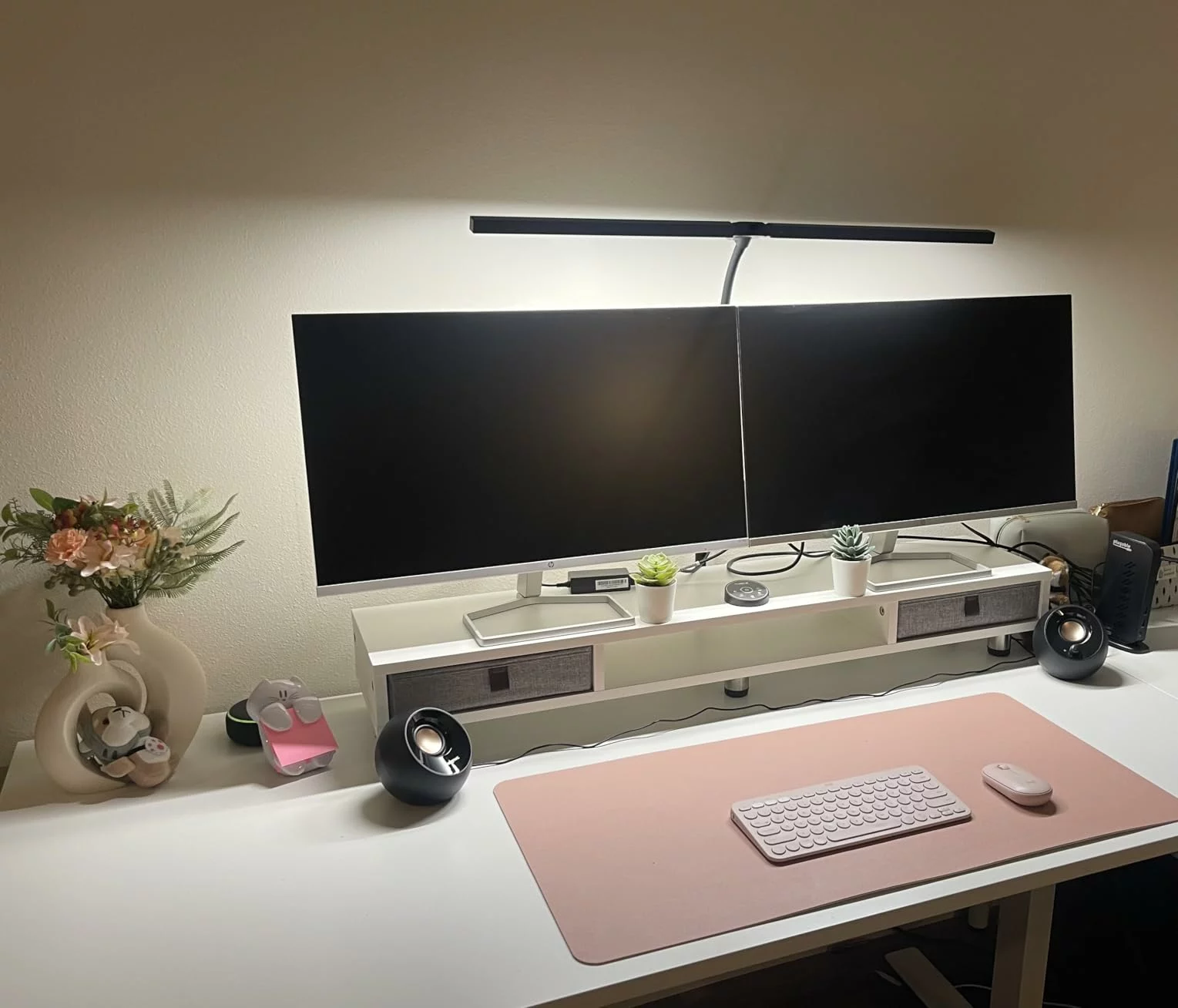 Click to view full screen Pzloz LED Desk Lamp for Office and Home - Eye-Caring Architect Clamp Lamp with Gooseneck, 24W Dual Screen Monitor Smart Light, 5-Color Adjustable Table Lamp for Study, Drafting, and Work photo review