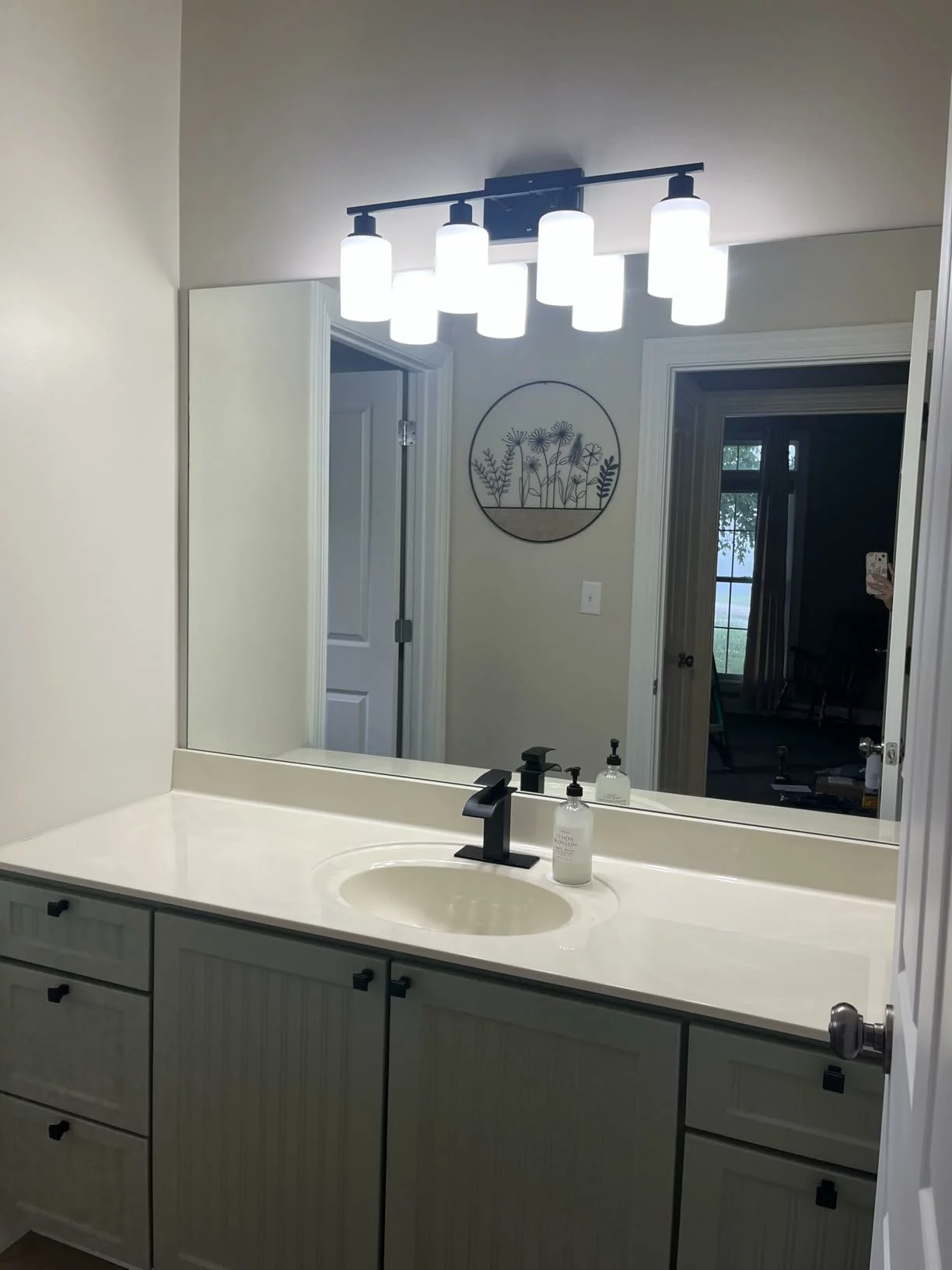 Click to view full screen MOKATNG 4-Light Bathroom Vanity Light Fixtures - Matte Black Wall Lamp with Milky White Glass Shades, Modern Bathroom Light Over Mirror for Living Room, Bedroom, and Cabinet photo review