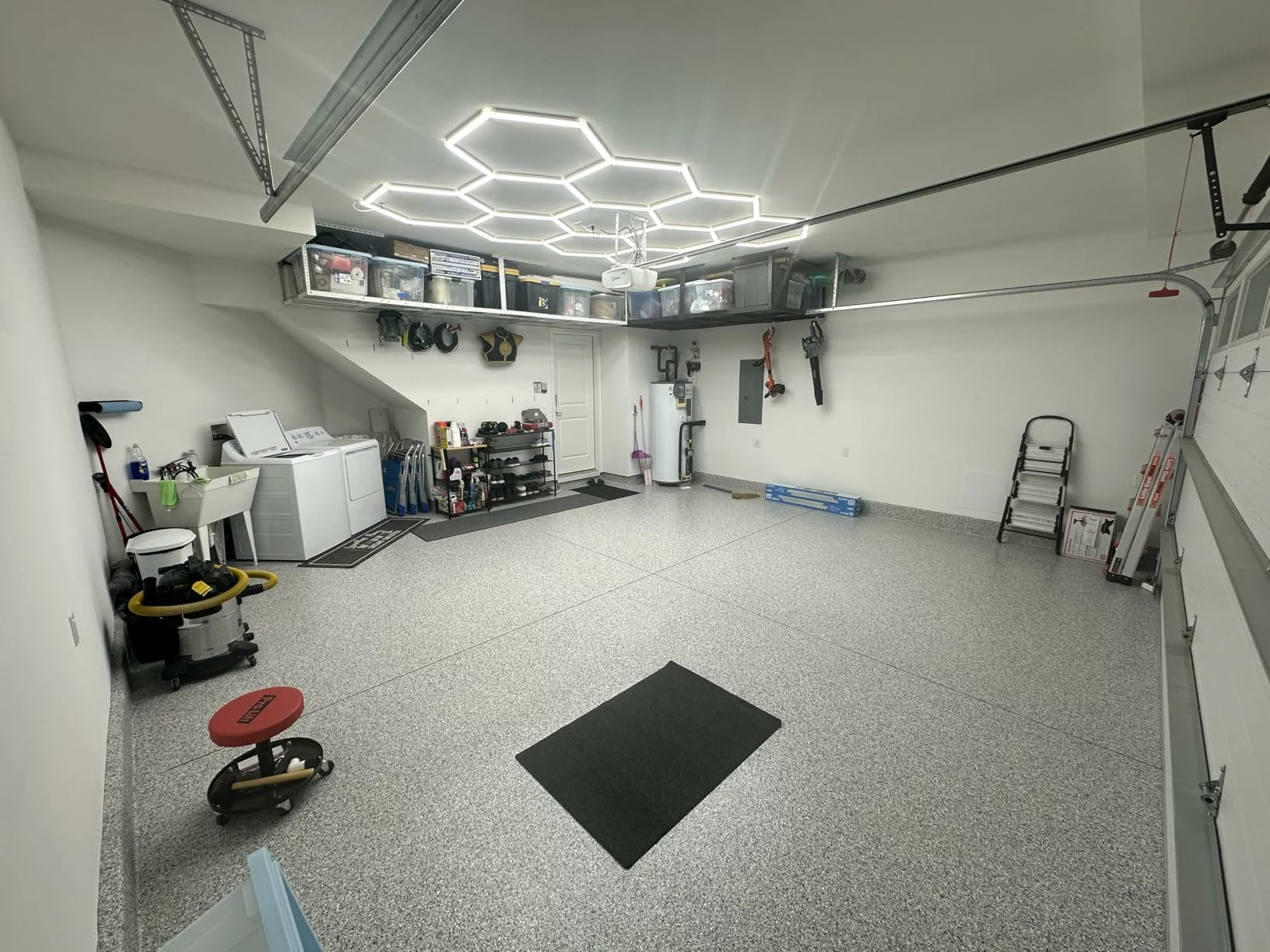 Click to view full screen LZHOME 25-Pack Hexagon LED Garage Lights - Oversized, Ultra-Bright 26,400LM Ceiling Lighting for Car Detailing, Workshops, Warehouses, Gyms, Basements, and Car Wash Areas photo review