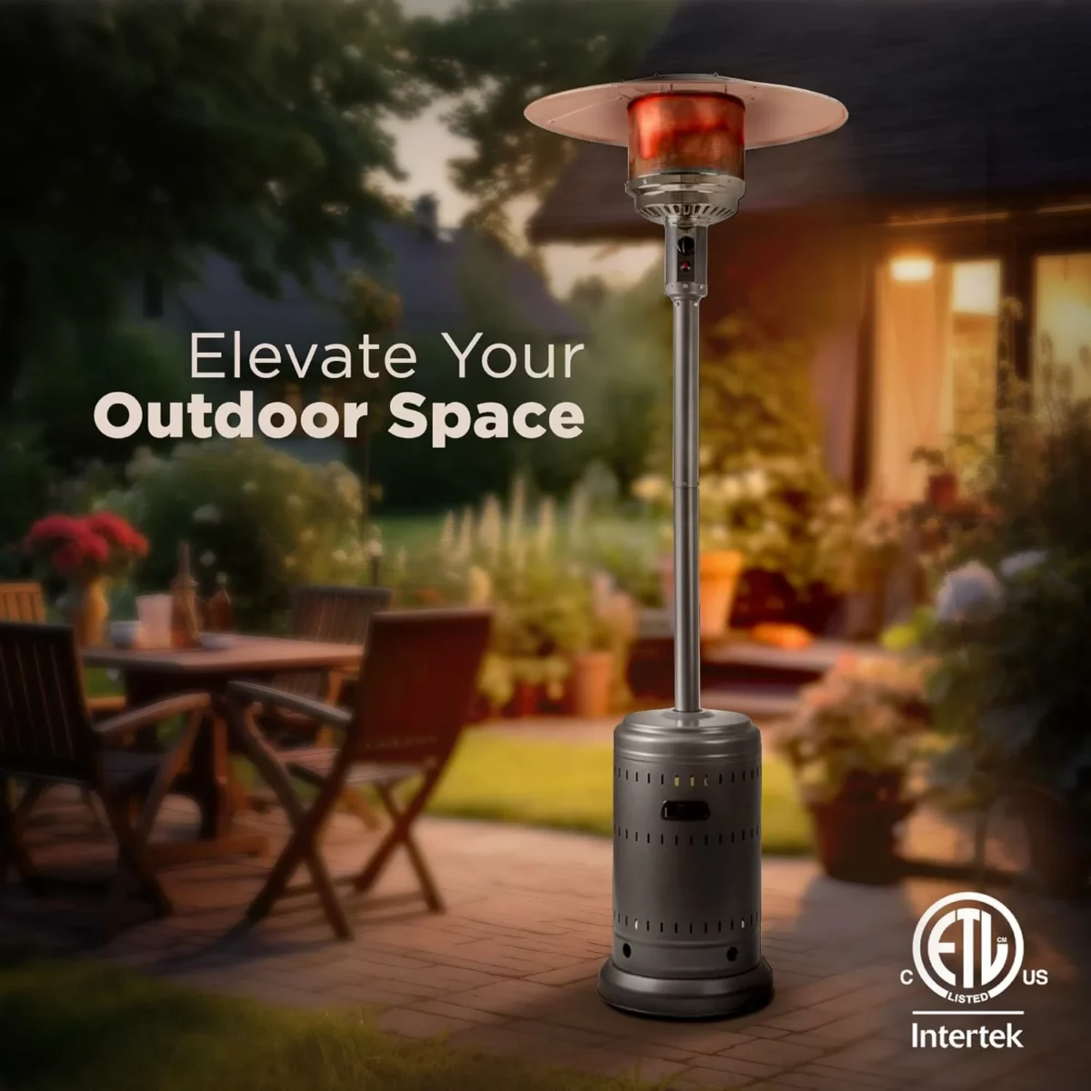 Amazon Basics Outdoor Propane Patio Heater 46000 BTU with Wheels for Commercial and Home Use Slate Gray Includes Water Tank 32.1 x 32.1 x 91.3 Inches 10