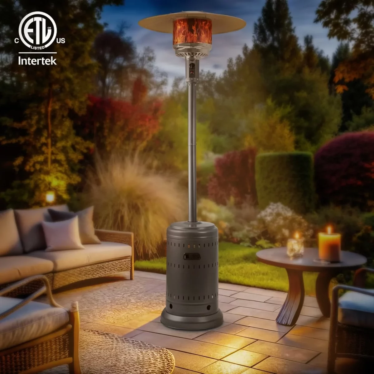 Amazon Basics Outdoor Propane Patio Heater 46000 BTU with Wheels for Commercial and Home Use Slate Gray Includes Water Tank 32.1 x 32.1 x 91.3 Inches 11