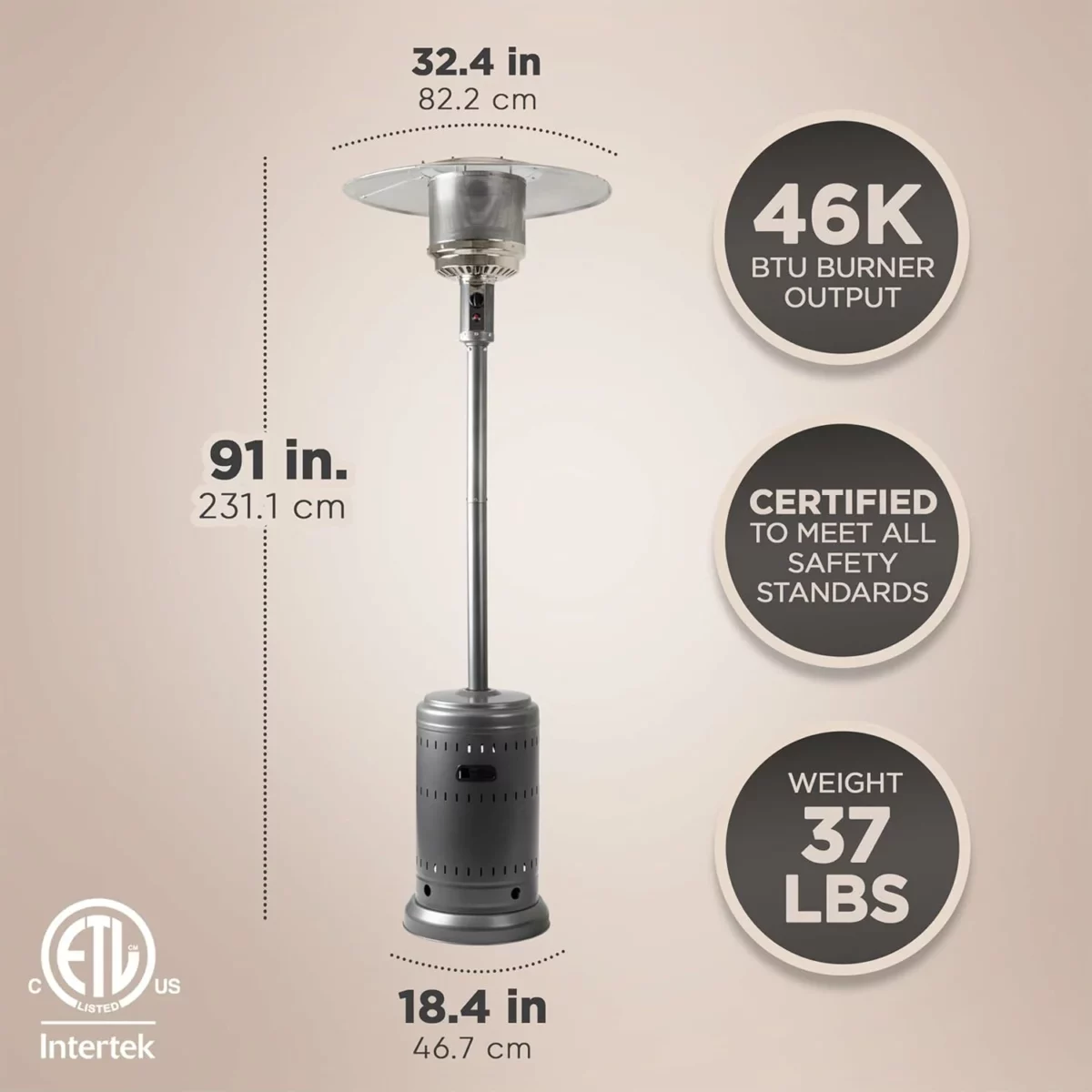 Amazon Basics Outdoor Propane Patio Heater 46000 BTU with Wheels for Commercial and Home Use Slate Gray Includes Water Tank 32.1 x 32.1 x 91.3 Inches 2