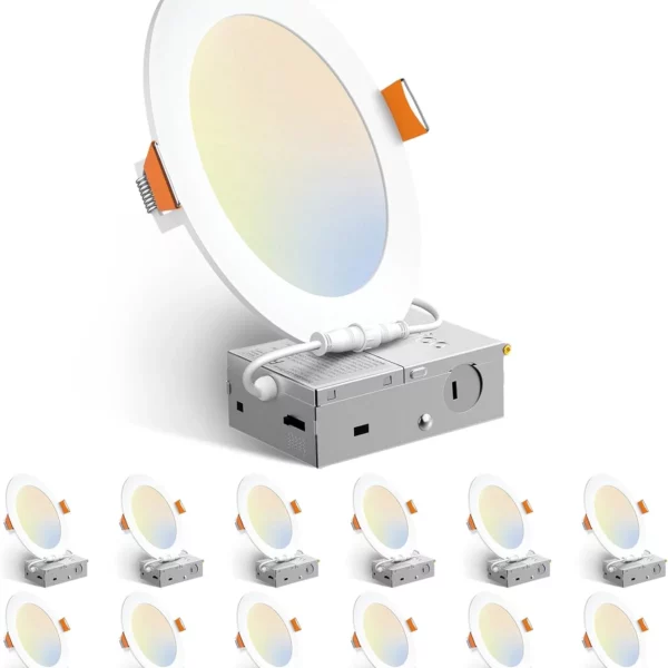 Amico 12-Pack 6-Inch Ultra-Thin LED Recessed Ceiling Lights with Junction Box, 5CCT Adjustable, 1050LM Brightness, Dimmable Canless Downlights, 12W, ETL & FCC Certified