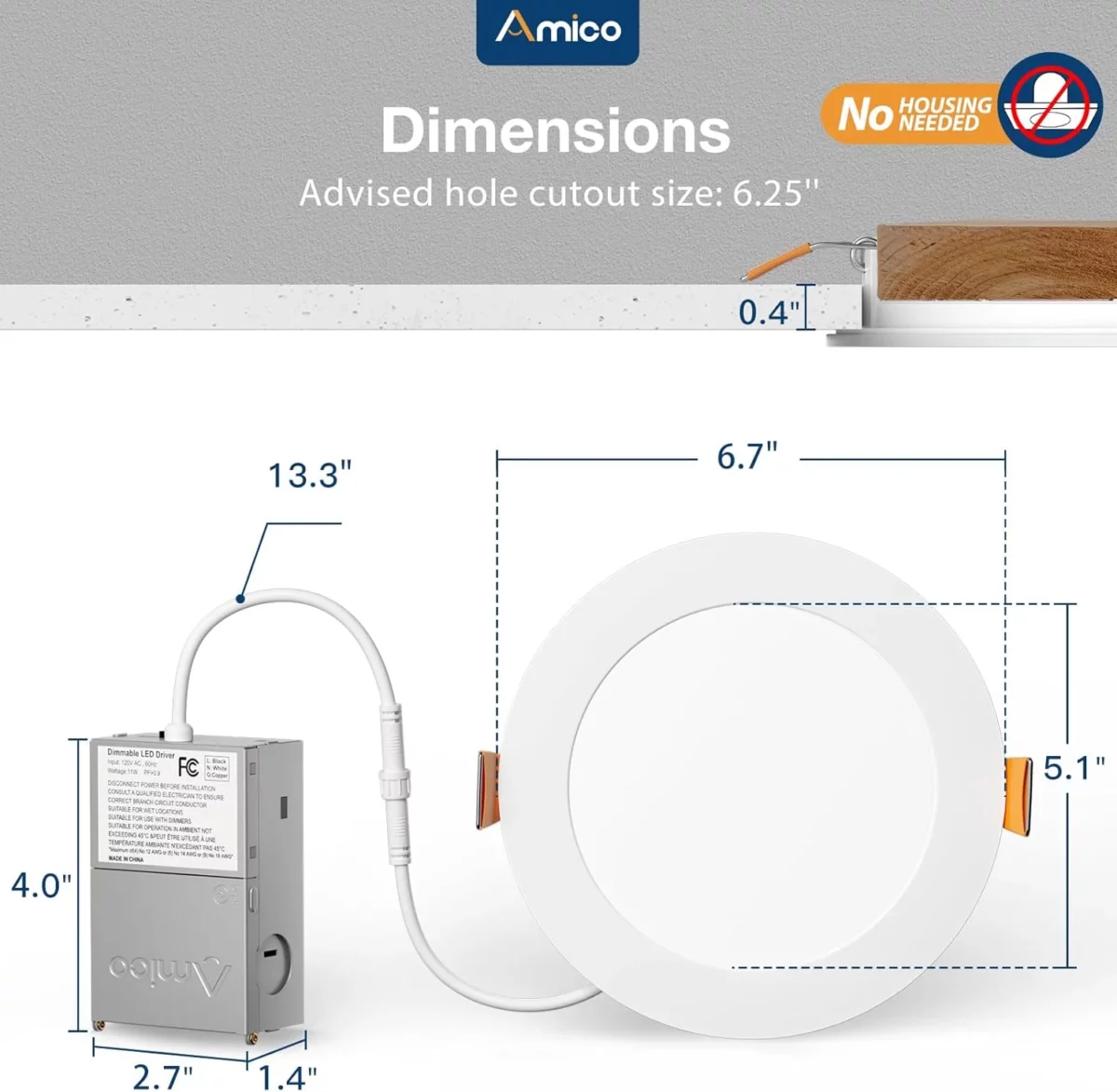 Amico 12 Pack 6 Inch Ultra Thin LED Recessed Ceiling Lights with Junction Box 5CCT Adjustable 1050LM Brightness Dimmable Canless Downlights 12W ETL FCC Certified 6
