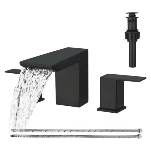 BESy Matte Black Widespread Bathroom Faucet 8 Inch 3 Hole Vanity Faucet with 2 Handles Waterfall Spout Stainless Steel Sink Faucet with cUPC Hoses and Pop Up Drain Assembly 1