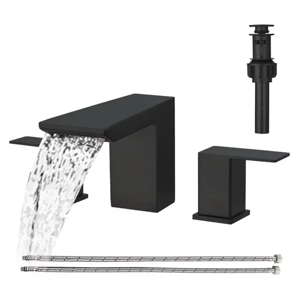 BESy Matte Black Widespread Bathroom Faucet, 8 Inch 3-Hole Vanity Faucet with 2 Handles, Waterfall Spout, Stainless Steel Sink Faucet with cUPC Hoses and Pop-Up Drain Assembly