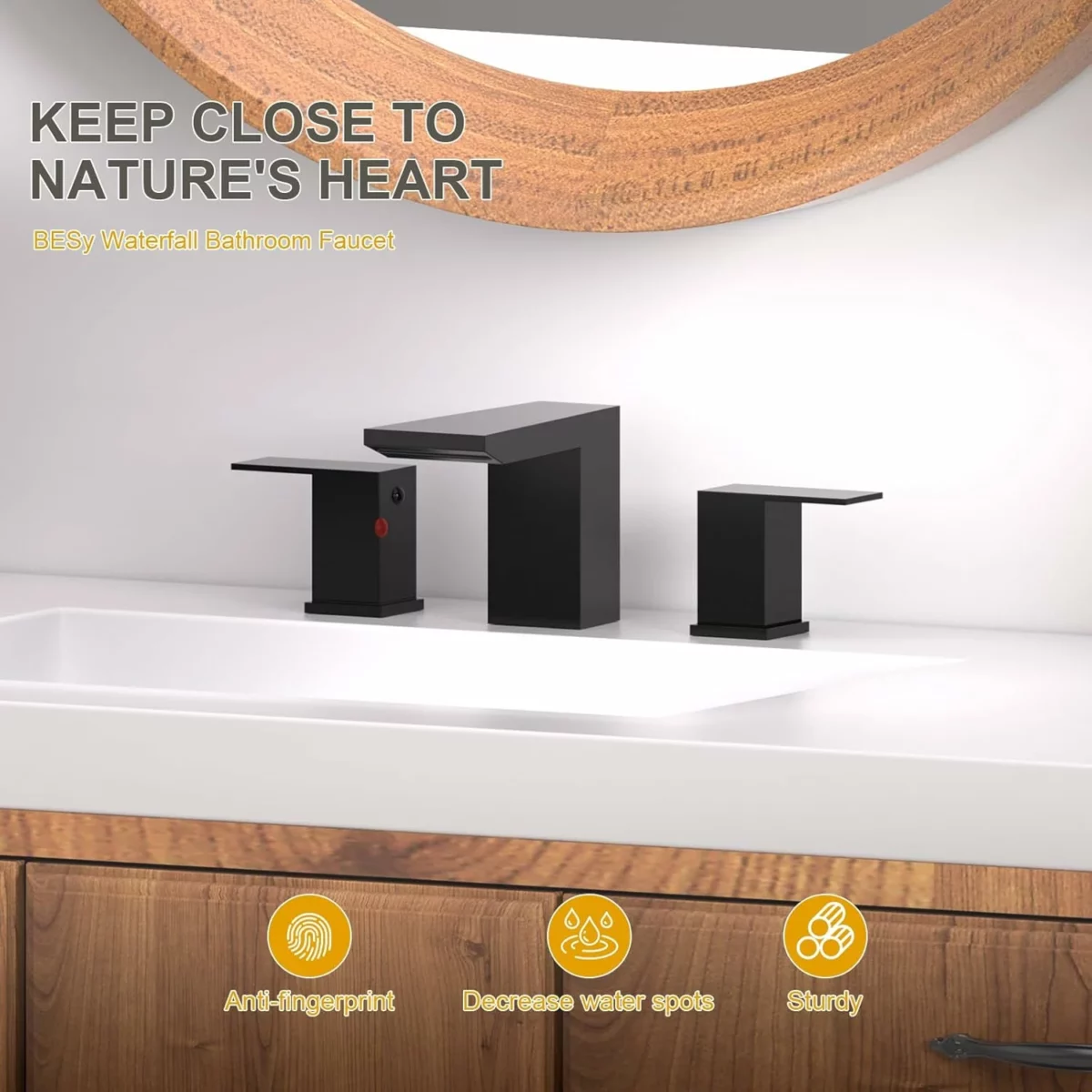BESy Matte Black Widespread Bathroom Faucet 8 Inch 3 Hole Vanity Faucet with 2 Handles Waterfall Spout Stainless Steel Sink Faucet with cUPC Hoses and Pop Up Drain Assembly 4