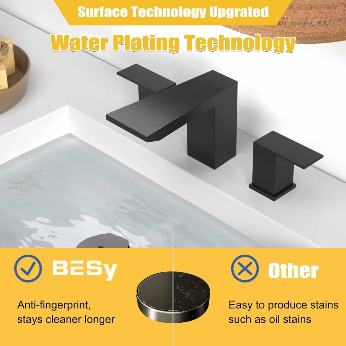 BESy Matte Black Widespread Bathroom Faucet 8 Inch 3 Hole Vanity Faucet with 2 Handles Waterfall Spout Stainless Steel Sink Faucet with cUPC Hoses and Pop Up Drain Assembly 5