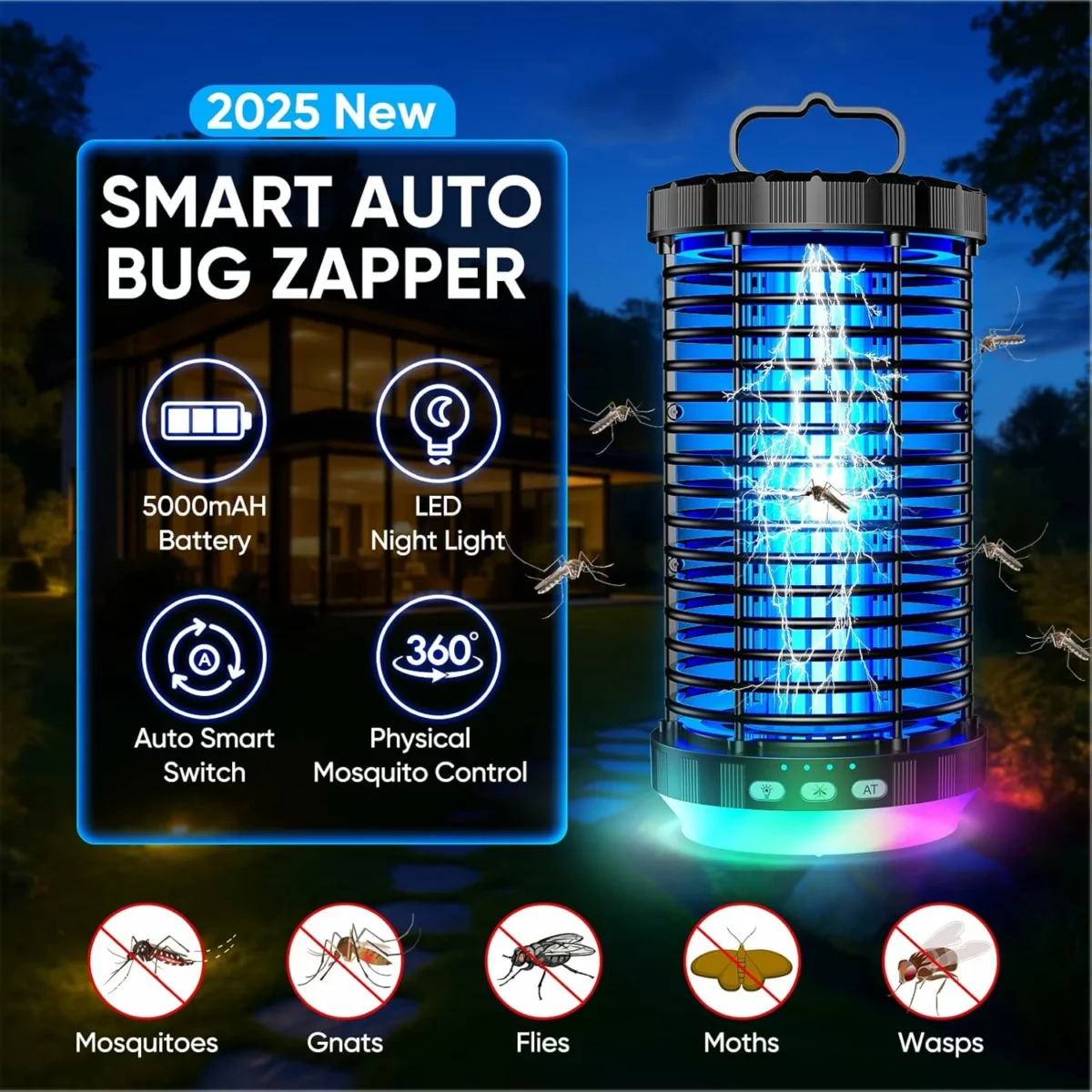CreateFun Bug Zapper Outdoor 2025 Upgraded 3 in 1 Rechargeable Bug Zapper with 5000mAh Battery LED Night Light 4000V Cordless Waterproof Mosquito Zapper for Outside Patio Backyard Garden Black 2