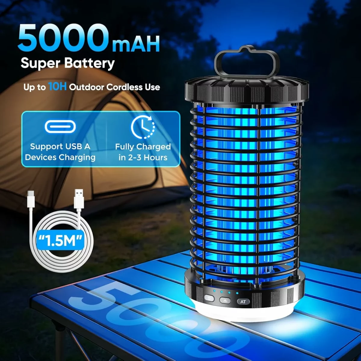 CreateFun Bug Zapper Outdoor 2025 Upgraded 3 in 1 Rechargeable Bug Zapper with 5000mAh Battery LED Night Light 4000V Cordless Waterproof Mosquito Zapper for Outside Patio Backyard Garden Black 4