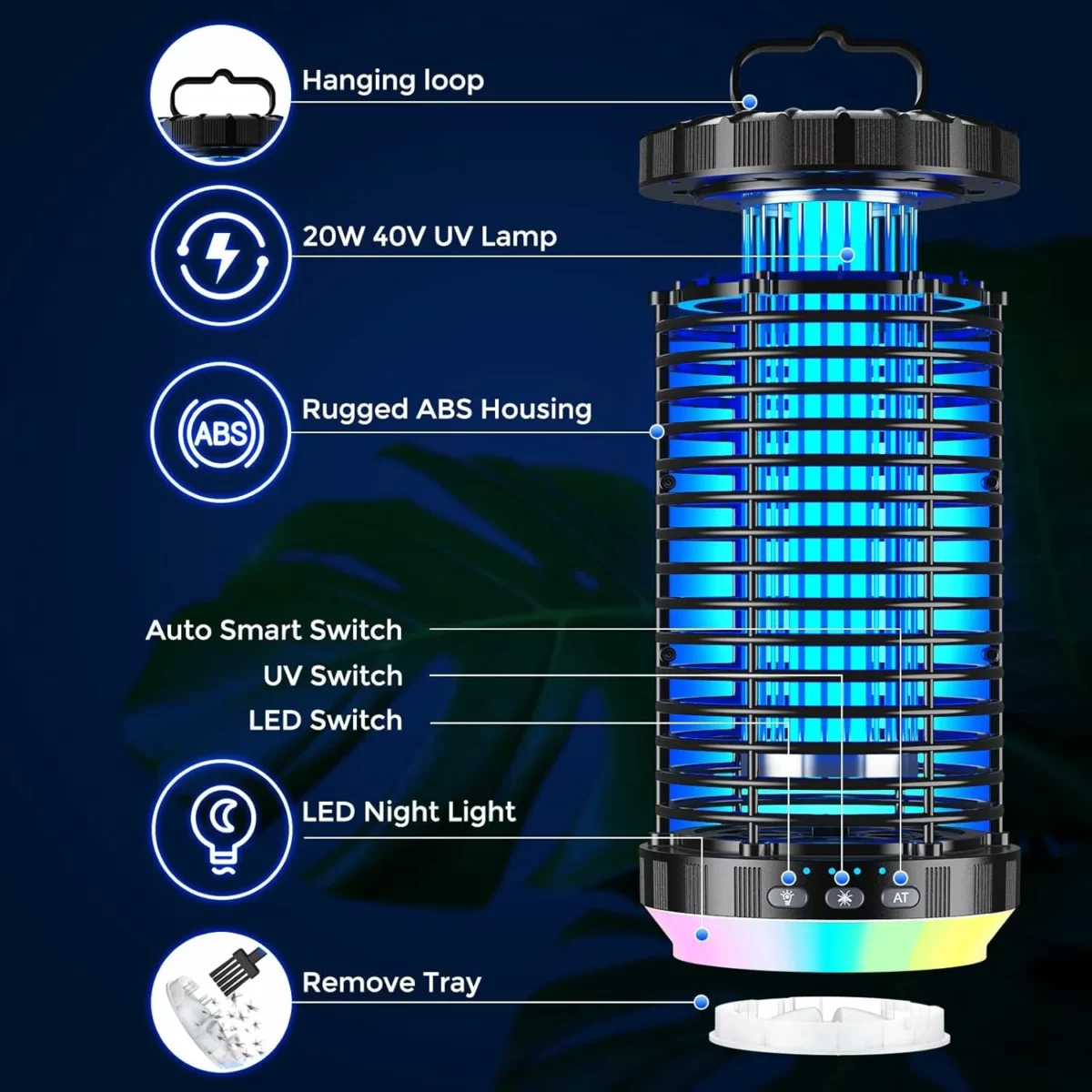 CreateFun Bug Zapper Outdoor 2025 Upgraded 3 in 1 Rechargeable Bug Zapper with 5000mAh Battery LED Night Light 4000V Cordless Waterproof Mosquito Zapper for Outside Patio Backyard Garden Black 7
