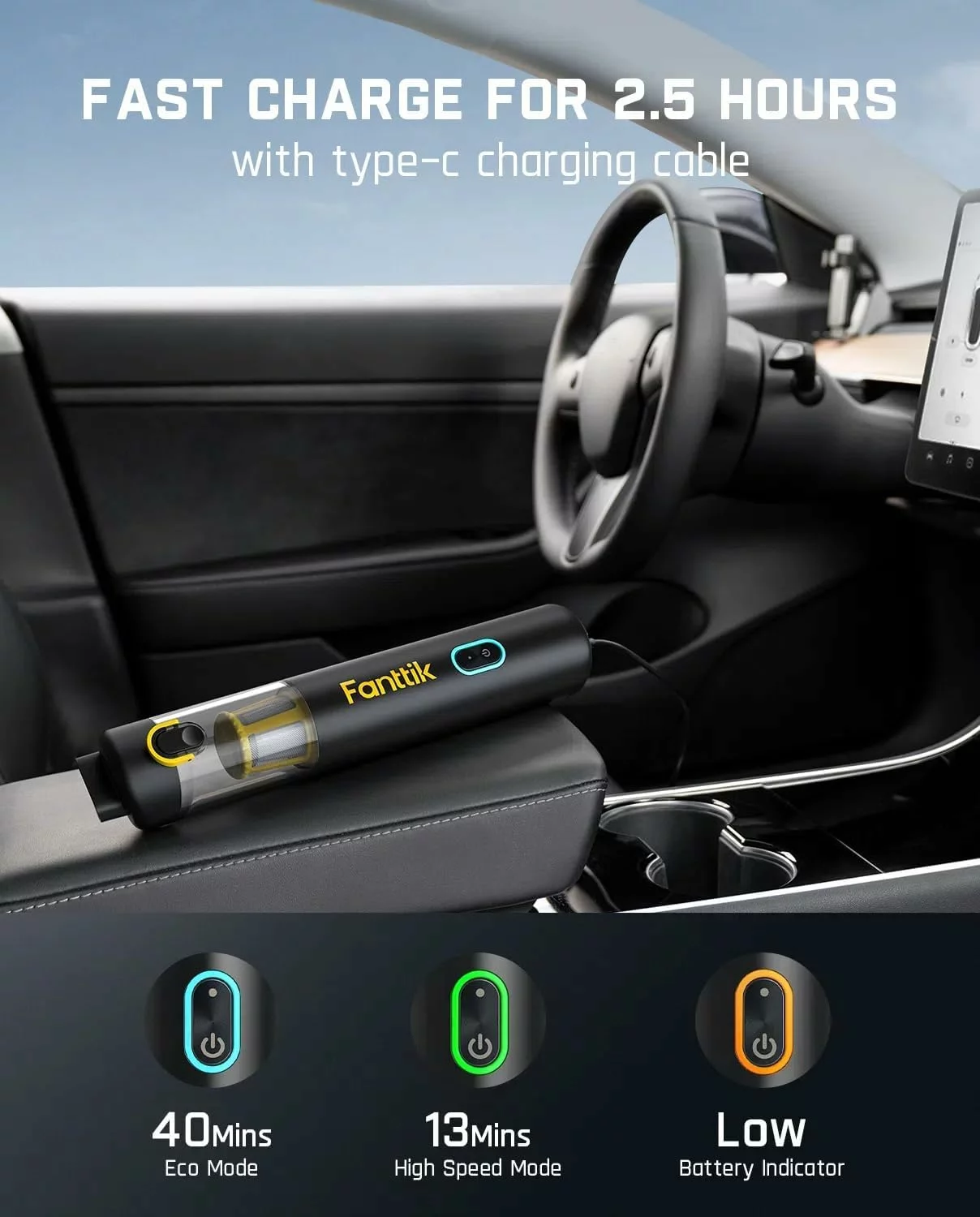 Fanttik Slim V8 Apex 4 in 1 Portable Cordless Car Vacuum Cleaner 19000Pa Strong Suction Type C Fast Charging Dual Suction Modes Mini Handheld Vacuum for Car Office and Keyboard Cleaning Black 4