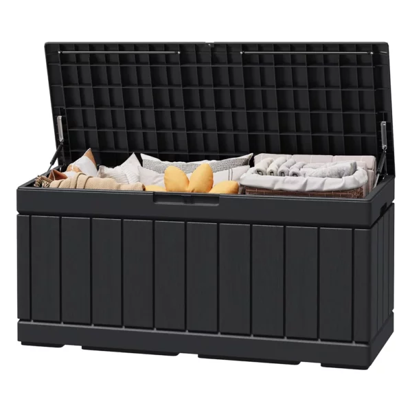 Greesum 82 Gallon Outdoor Storage Deck Box, Weatherproof Resin Container for Patio Cushions, Garden Tools, Pool Accessories, UV Resistant with Lockable Lid, Black
