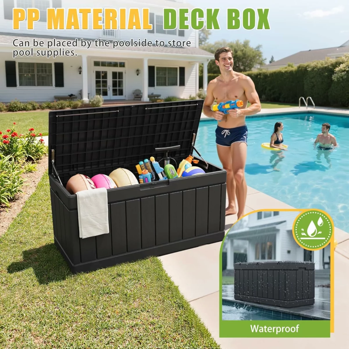 Greesum 82 Gallon Outdoor Storage Deck Box Weatherproof Resin Container for Patio Cushions Garden Tools Pool Accessories UV Resistant with Lockable Lid Black 2