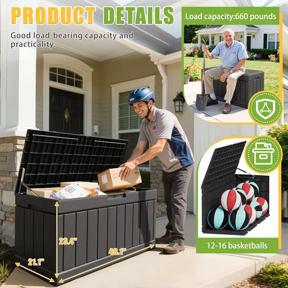 Greesum 82 Gallon Outdoor Storage Deck Box Weatherproof Resin Container for Patio Cushions Garden Tools Pool Accessories UV Resistant with Lockable Lid Black 6