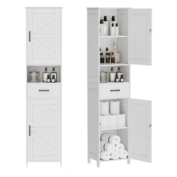 Homhedy 67-Inch Tall Bathroom Cabinet with Barn Doors and Drawer, Narrow Floor Storage Unit with Adjustable Shelves, Freestanding Organizer for Bathroom, Living Room, Kitchen, Entryway, White, 15.7-Inch Wide