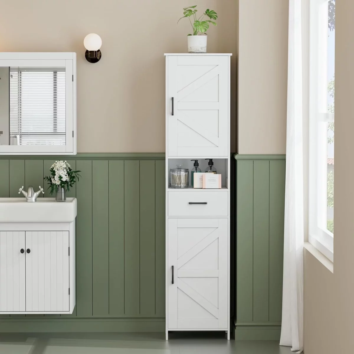 Homhedy 67 Inch Tall Bathroom Cabinet with Barn Doors and Drawer Narrow Floor Storage Unit with Adjustable Shelves 2