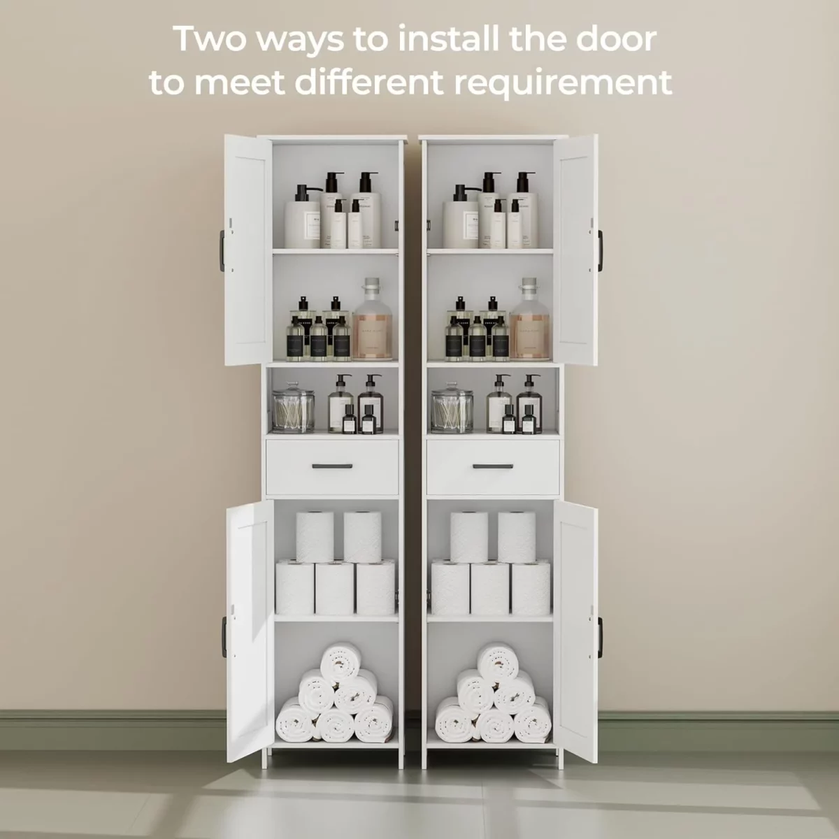 Homhedy 67 Inch Tall Bathroom Cabinet with Barn Doors and Drawer Narrow Floor Storage Unit with Adjustable Shelves 4