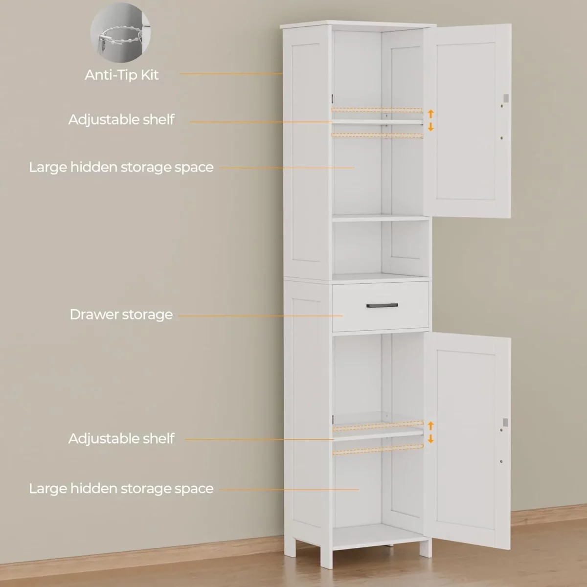 Homhedy 67 Inch Tall Bathroom Cabinet with Barn Doors and Drawer Narrow Floor Storage Unit with Adjustable Shelves 5