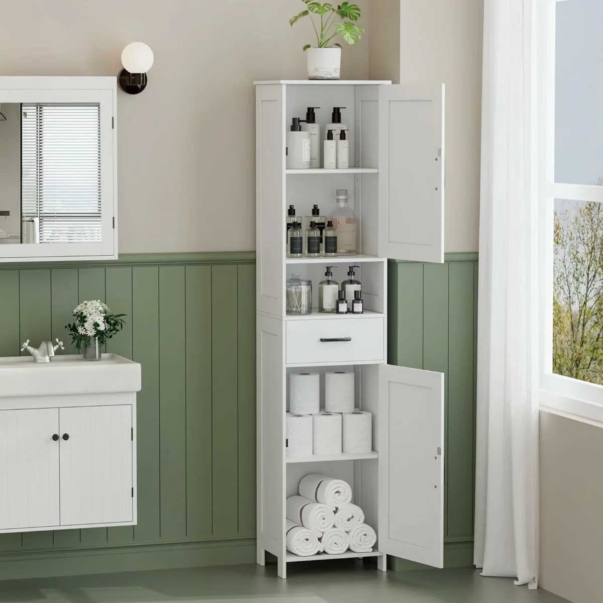 Homhedy 67 Inch Tall Bathroom Cabinet with Barn Doors and Drawer Narrow Floor Storage Unit with Adjustable Shelves 9