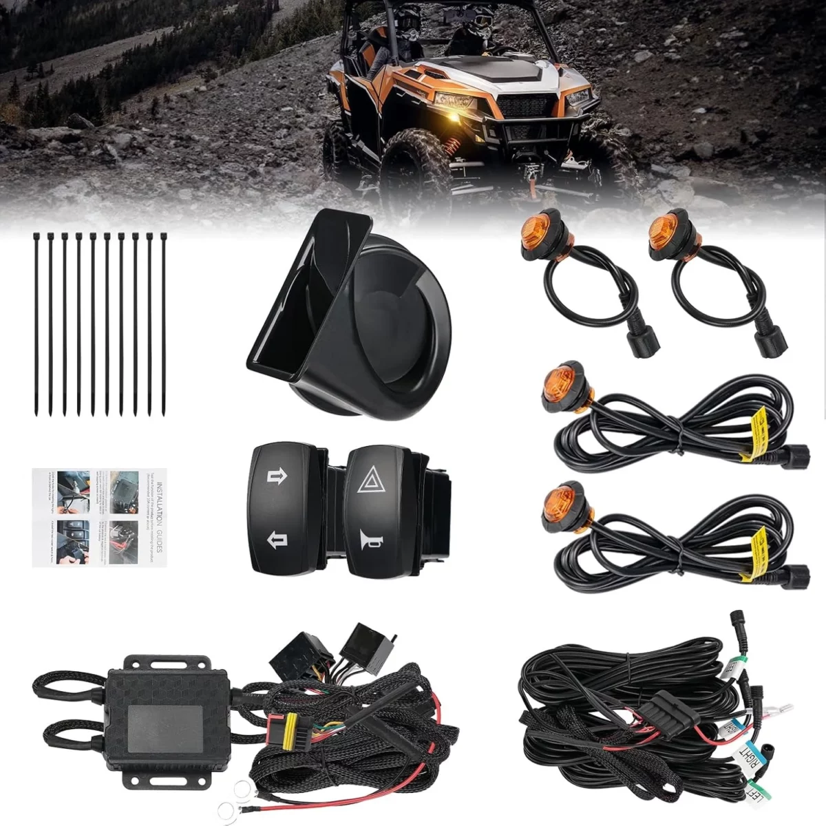 KEMIMOTO UTV Turn Signal Kit with Horn Plug Play Pre Wired Blinker System Rocker Switch Hazard Lights Street Legal Upgrade for Polaris Can Am Kawasaki CFMOTO and More 1