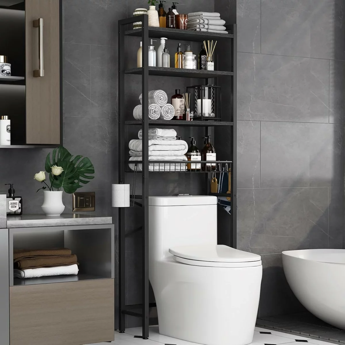 Kalrin Over The Toilet Storage Rack 4 Tier Freestanding Bathroom Organizer with Adjustable Shelf and Basket Space Saving Storage Shelves for Bathroom Above Toilet Pure Black 1