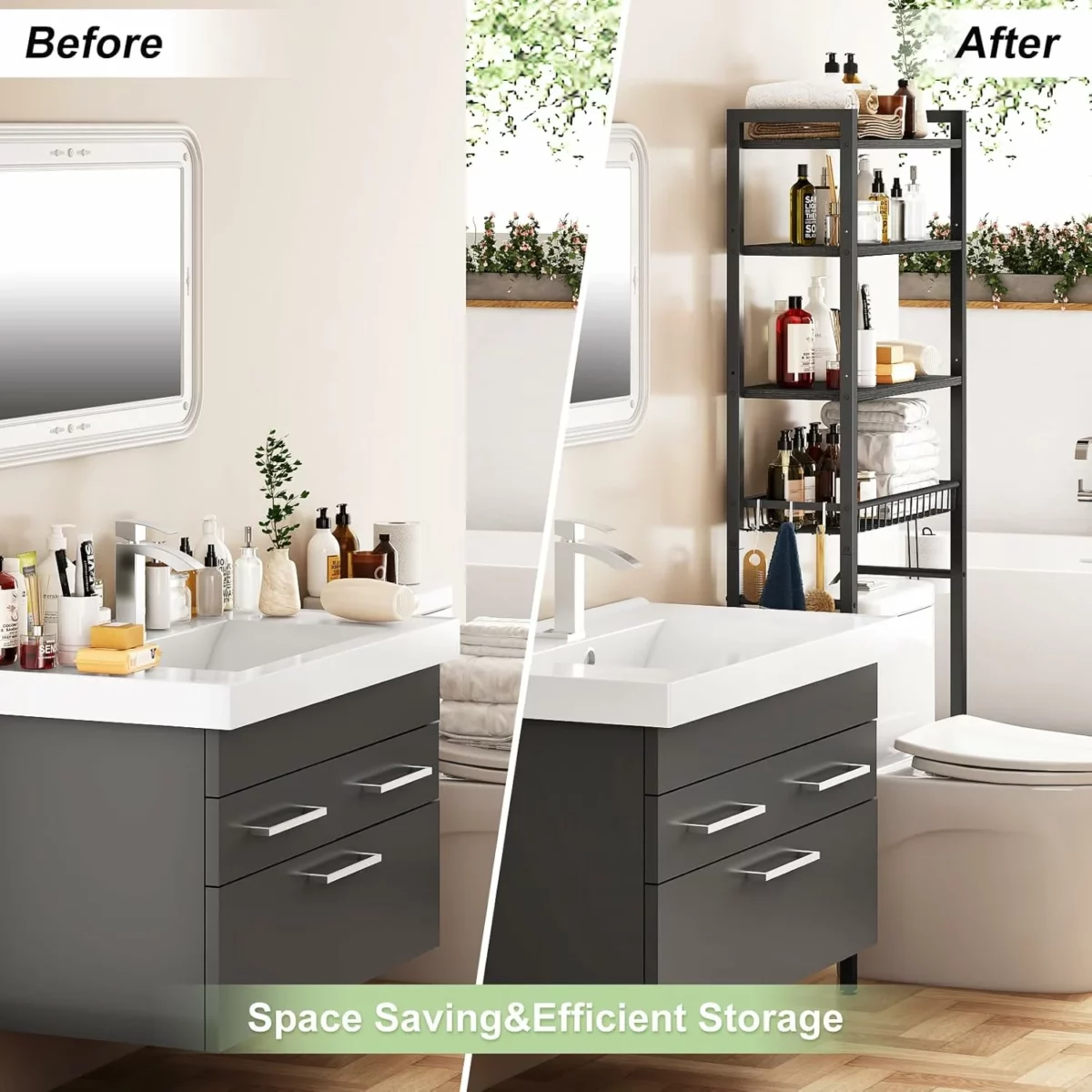 Kalrin Over The Toilet Storage Rack 4 Tier Freestanding Bathroom Organizer with Adjustable Shelf and Basket Space Saving Storage Shelves for Bathroom Above Toilet Pure Black 4