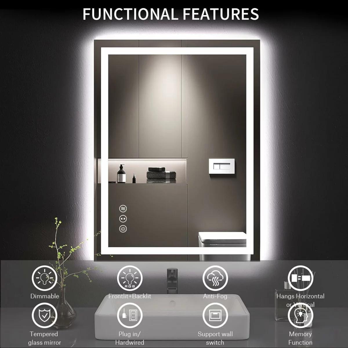 LOAAO 24 x 32 Inch LED Lighted Bathroom Mirror Dimmable Backlit and Front Lit Vanity Mirror with Anti Fog Memory Function Shatterproof Tempered Glass ETL Certified Wall Mounted 8