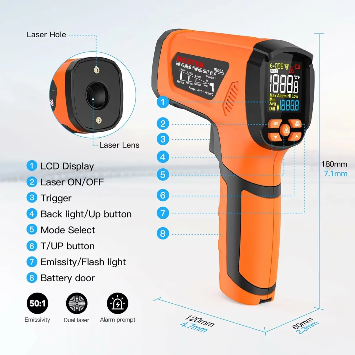 MESTEK High Temperature Infrared Thermometer Gun 9