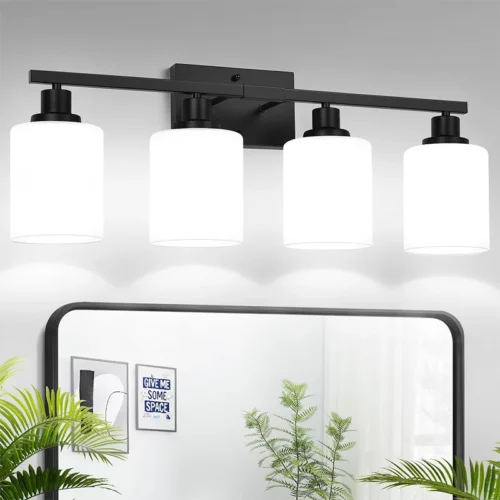 MOKATNG 4 Light Bathroom Vanity Light Fixtures Matte Black Wall Lamp with Milky White Glass Shades Modern Bathroom Light Over Mirror for Living Room Bedroom and Cabinet 1