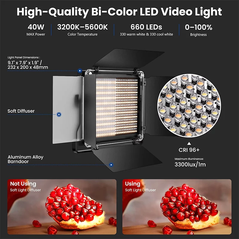 NEEWER 2 Pack Bi Color 660 LED Video Light Kit Dimmable 3200 5600K CRI 96 Studio Lighting Set with U Brackets Barndoors and 75 Adjustable Light Stands for Photography and Video Recording Black 2