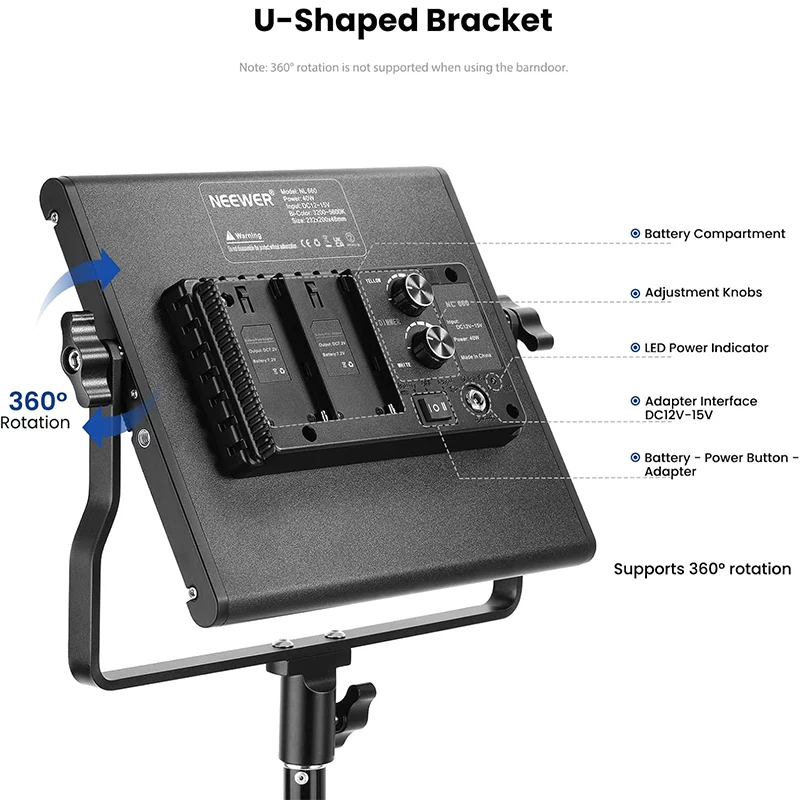 NEEWER 2 Pack Bi Color 660 LED Video Light Kit Dimmable 3200 5600K CRI 96 Studio Lighting Set with U Brackets Barndoors and 75 Adjustable Light Stands for Photography and Video Recording Black 5