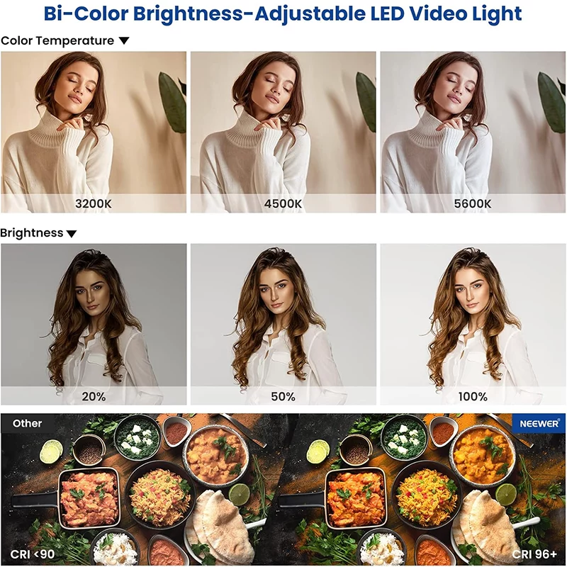 NEEWER 2 Pack Bi Color 660 LED Video Light Kit Dimmable 3200 5600K CRI 96 Studio Lighting Set with U Brackets Barndoors and 75 Adjustable Light Stands for Photography and Video Recording Black 6