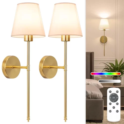 NIORSUN Set of 2 Gold Battery Powered Wall Sconces Rechargeable 5200mAh Dimmable Lights with Remote Control 10 Color Options for Bedroom Living Room and Hallway Decor 1