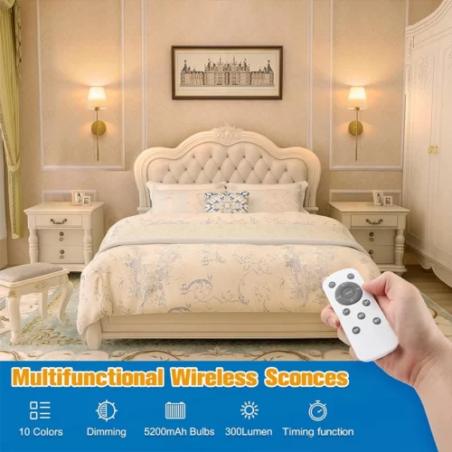 NIORSUN Set of 2 Gold Battery Powered Wall Sconces Rechargeable 5200mAh Dimmable Lights with Remote Control 10 Color Options for Bedroom Living Room and Hallway Decor 2