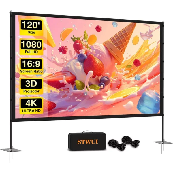STWUI 120 Inch Outdoor Projector Screen with Stand, Portable 16:9 4K HD Movie Projection Screen for Indoor and Outdoor Use, Lightweight Design with Carry Bag for Backyard Movie Nights