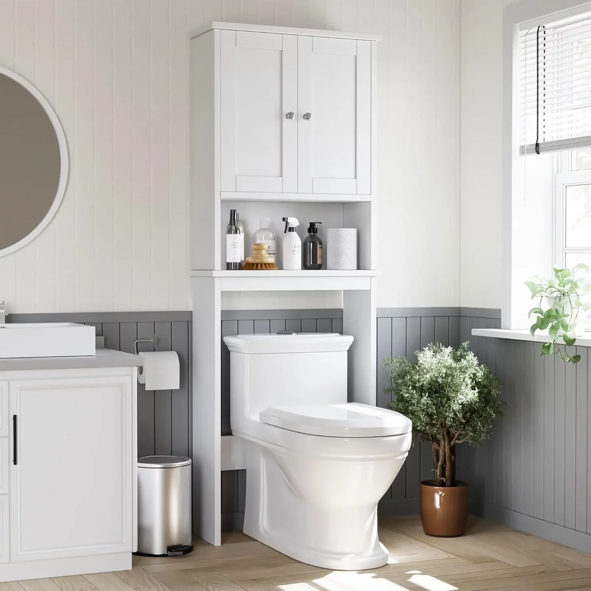 Shintenchi Bathroom Over The Toilet Storage Cabinet Freestanding Organizer with Adjustable Shelf and Anti Tip Kit Compact Space Saving Design White 1