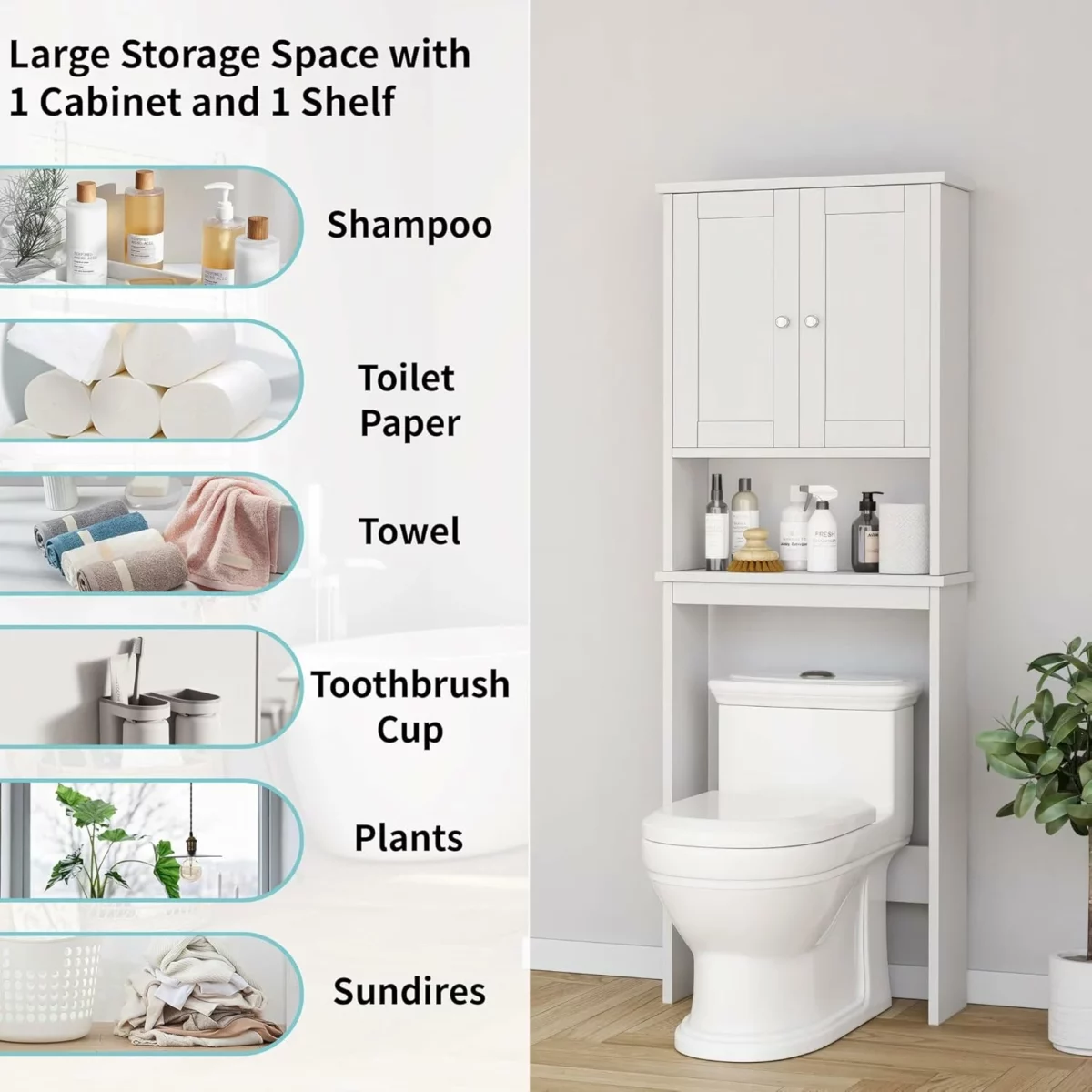 Shintenchi Bathroom Over The Toilet Storage Cabinet Freestanding Organizer with Adjustable Shelf and Anti Tip Kit Compact Space Saving Design White 4