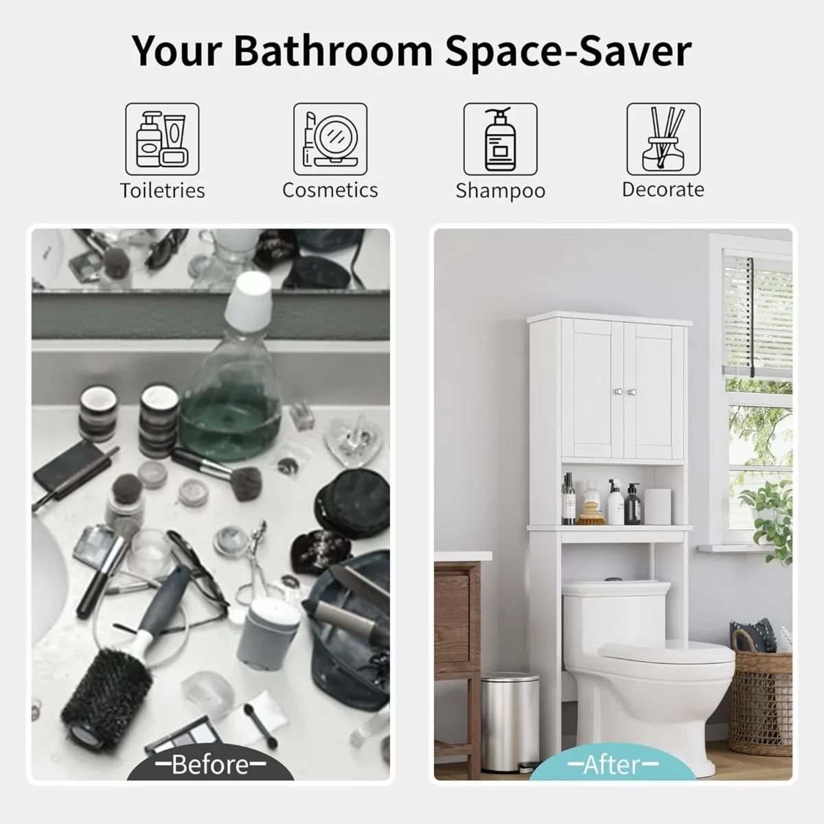 Shintenchi Bathroom Over The Toilet Storage Cabinet Freestanding Organizer with Adjustable Shelf and Anti Tip Kit Compact Space Saving Design White 6