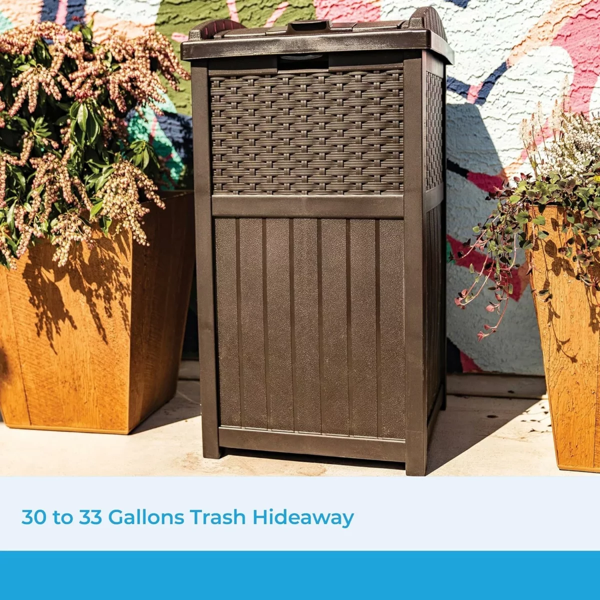 Suncast 33 Gallon Outdoor Trash Can with Lid Commercial Grade Hideaway Garbage Bin for 30 33 Gallon Bags Ideal for Patio Garage Backyard and Garden Brown 2