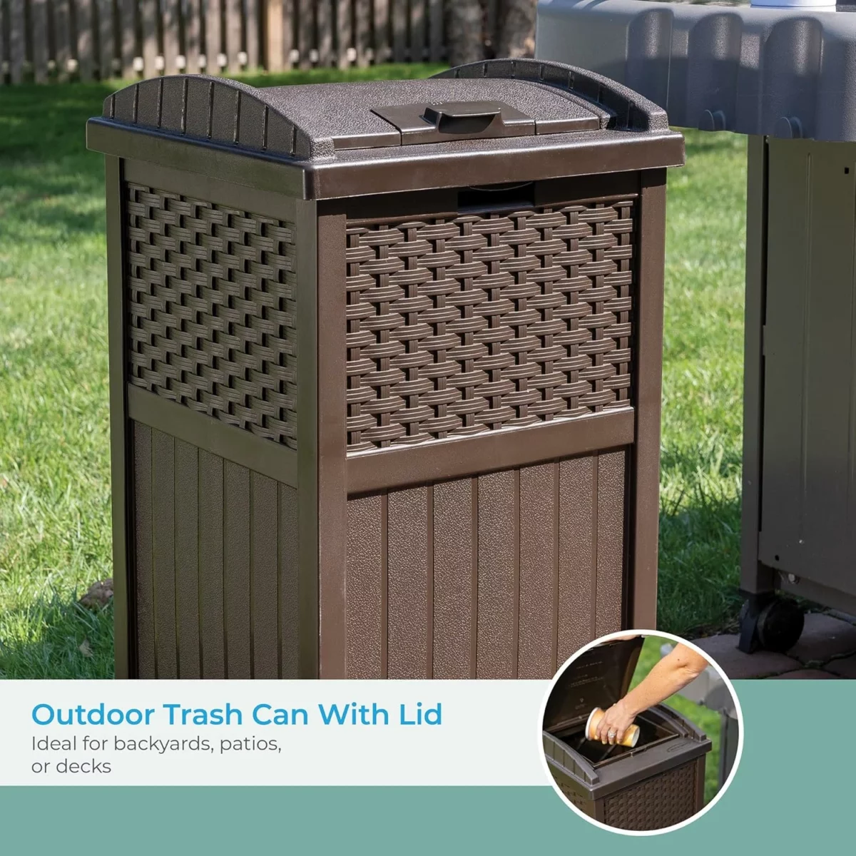 Suncast 33 Gallon Outdoor Trash Can with Lid Commercial Grade Hideaway Garbage Bin for 30 33 Gallon Bags Ideal for Patio Garage Backyard and Garden Brown 3