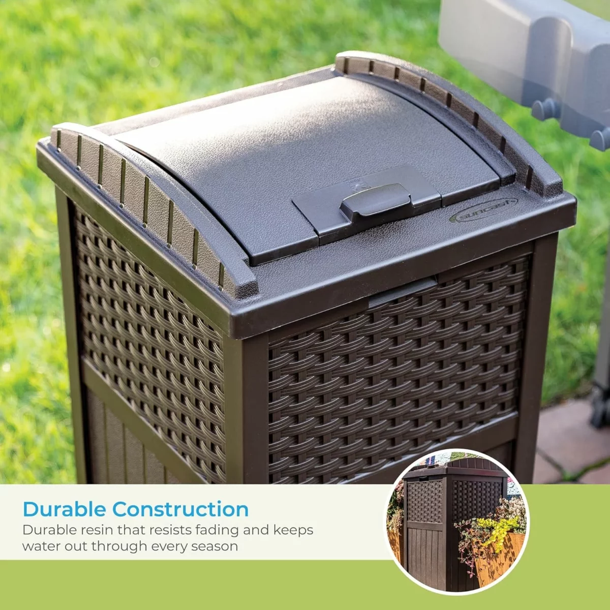 Suncast 33 Gallon Outdoor Trash Can with Lid Commercial Grade Hideaway Garbage Bin for 30 33 Gallon Bags Ideal for Patio Garage Backyard and Garden Brown 4