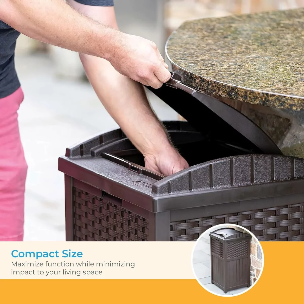 Suncast 33 Gallon Outdoor Trash Can with Lid Commercial Grade Hideaway Garbage Bin for 30 33 Gallon Bags Ideal for Patio Garage Backyard and Garden Brown 5