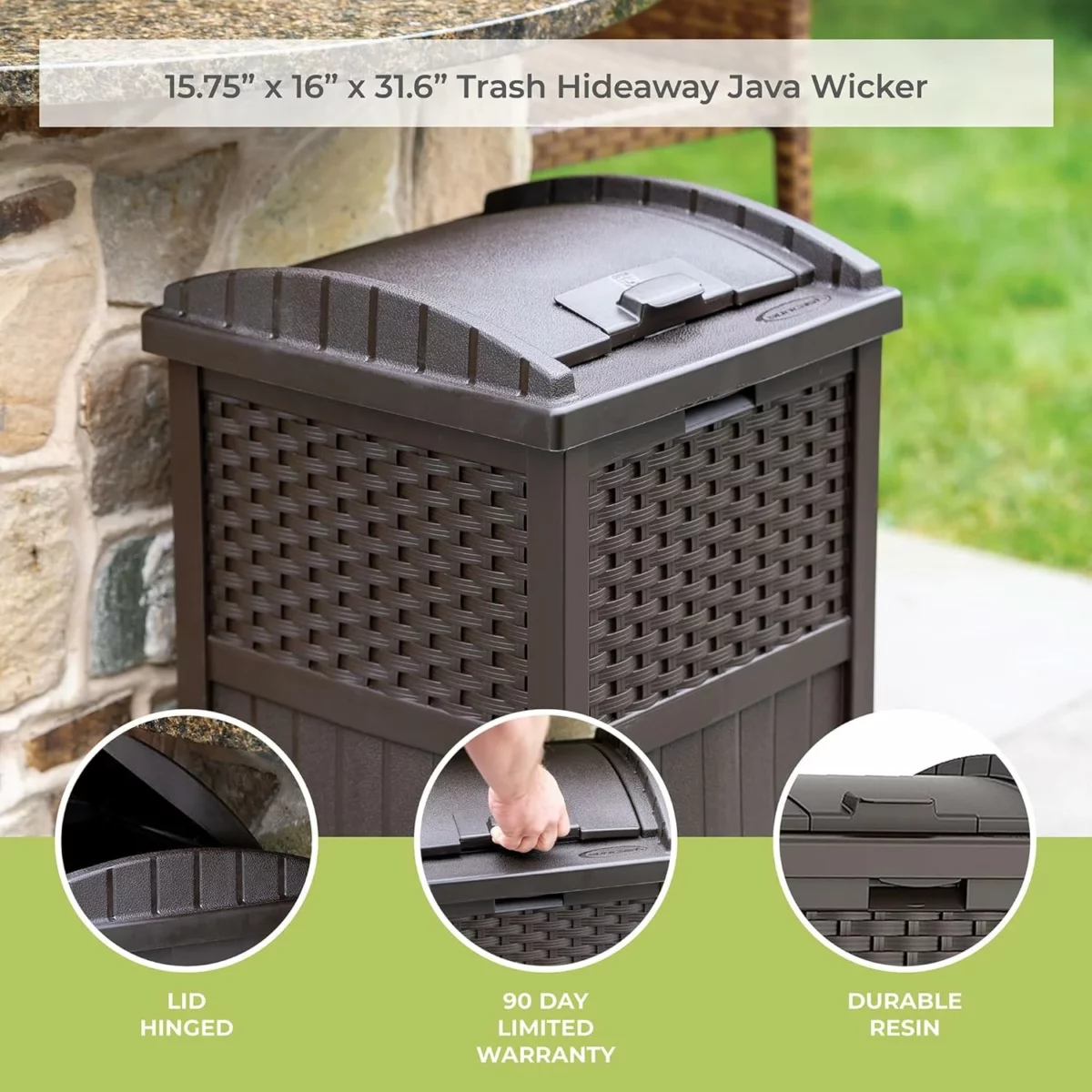 Suncast 33 Gallon Outdoor Trash Can with Lid Commercial Grade Hideaway Garbage Bin for 30 33 Gallon Bags Ideal for Patio Garage Backyard and Garden Brown 7