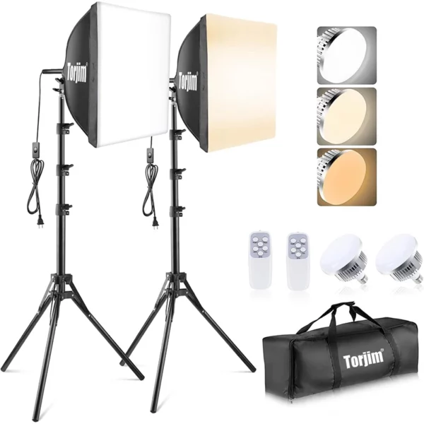 Torjim Softbox Photography Lighting Kit - 16 x 16 Professional Studio Light Set with 85W Adjustable 3000-7500K LED Bulbs for Photography, Video Recording, Live Streaming, and Portraits
