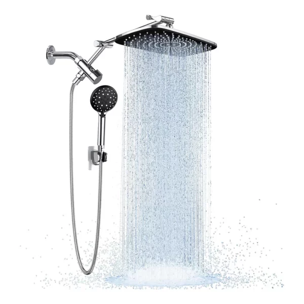 Veken Dual Shower Head Combo, High Pressure Wide Rainfall Shower Head with 6-Setting Handheld Sprayer, Adjustable Arm and Detachable Design, Anti-Clog Nozzles, Bathroom Fixture in Silver Chrome