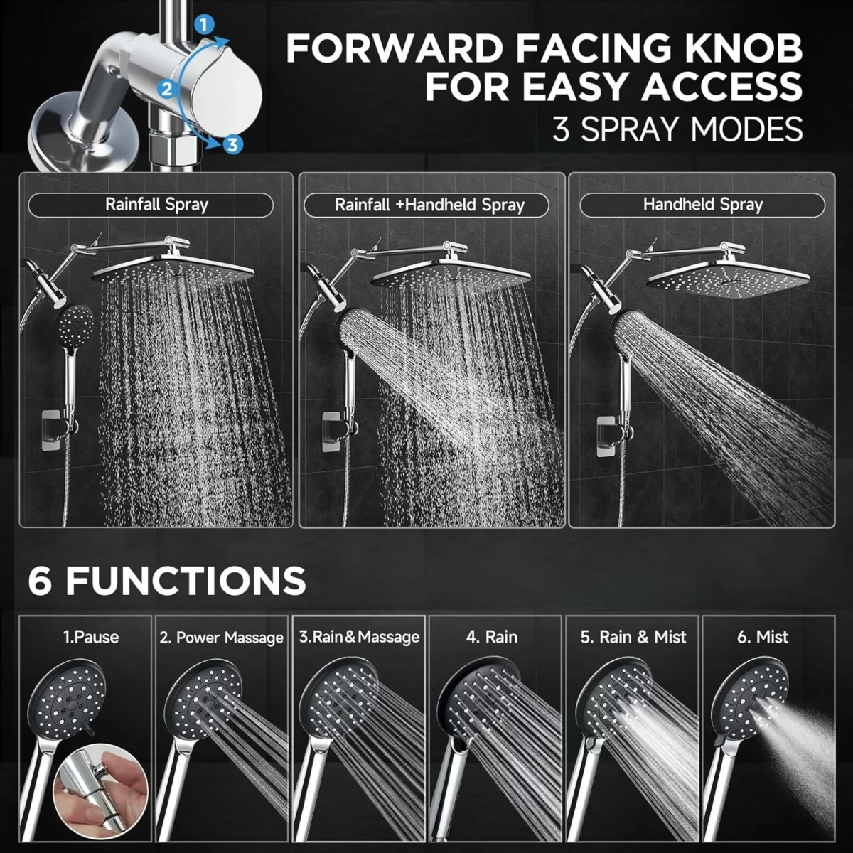 Veken Dual Shower Head Combo High Pressure Wide Rainfall Shower Head with 6 Setting Handheld Sprayer Adjustable Arm and Detachable Design Anti Clog Nozzles Bathroom Fixture in Silver Chrome 2