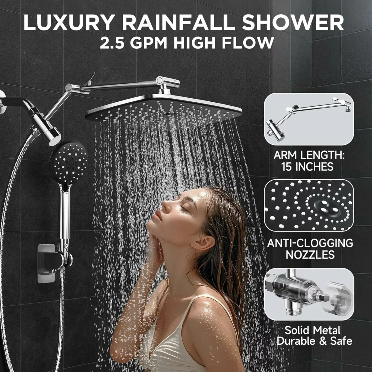 Veken Dual Shower Head Combo High Pressure Wide Rainfall Shower Head with 6 Setting Handheld Sprayer Adjustable Arm and Detachable Design Anti Clog Nozzles Bathroom Fixture in Silver Chrome 3